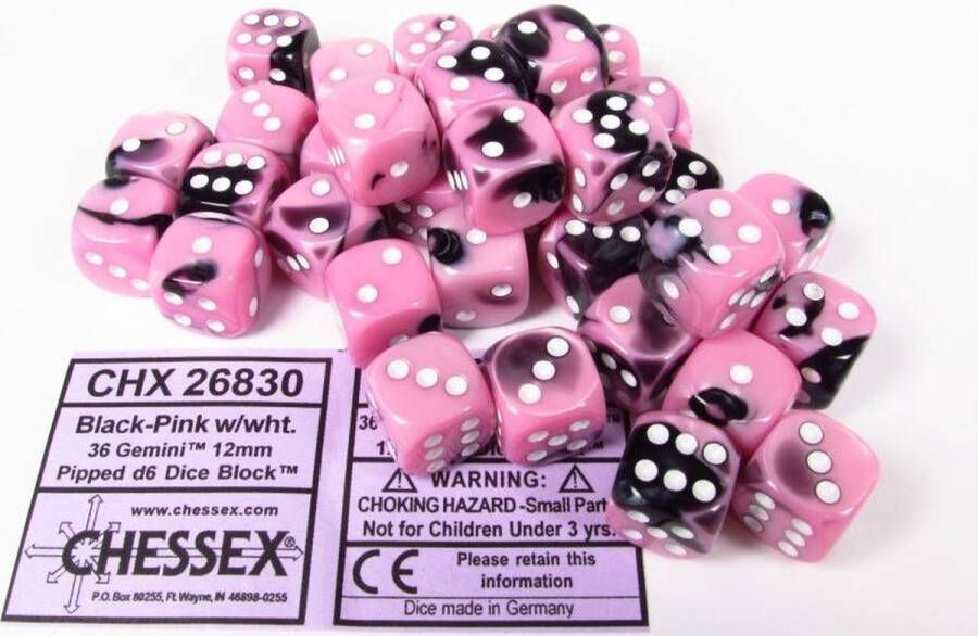 Chessex dobbelstenen set 36 6-zijdig 12 mm Gemini black-pink w white