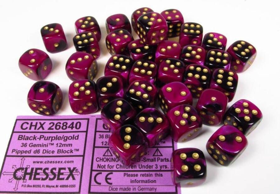 Chessex dobbelstenen set 36 6-zijdig 12 mm Gemini black-purple w gold