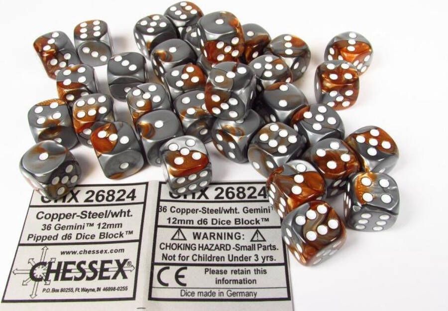 Chessex dobbelstenen set 36 6-zijdig 12 mm Gemini copper-steel w white