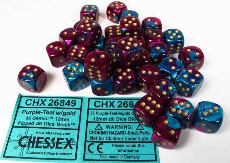 Chessex dobbelstenen set 36 6-zijdig 12 mm Gemini purple-teal w gold
