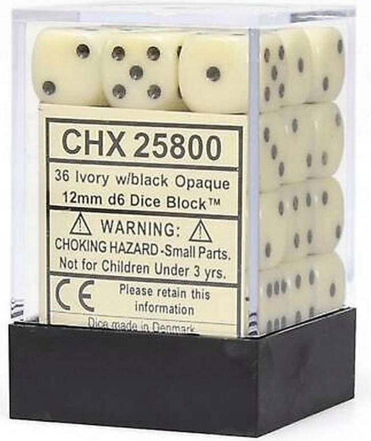 Chessex Opaque Ivory black D6 12mm Dobbelsteen Set (36 stuks)
