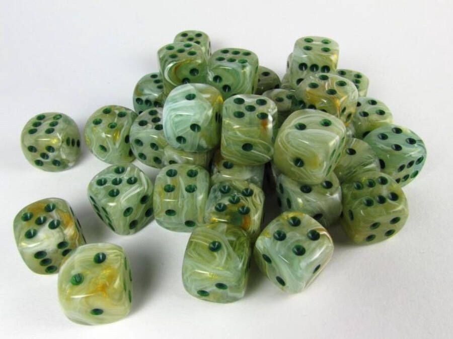 Chessex dobbelstenen set 36 6-zijdig 12 mm Marble green w dark green