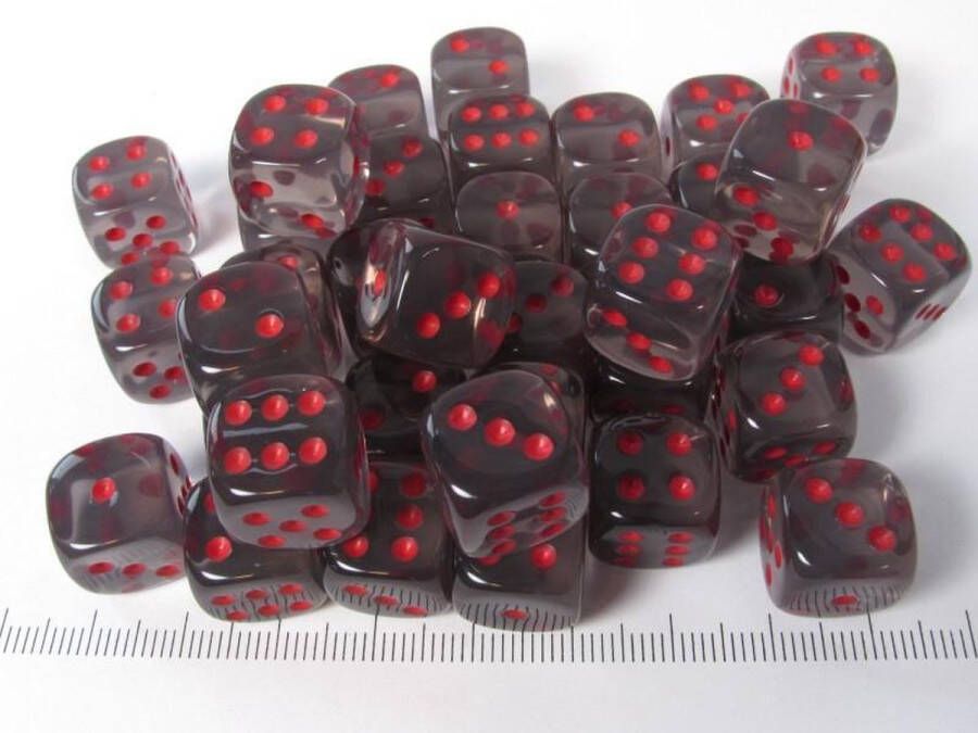 Chessex dobbelstenen set 36 6-zijdig 12 mm transparant donkergrijs met rood