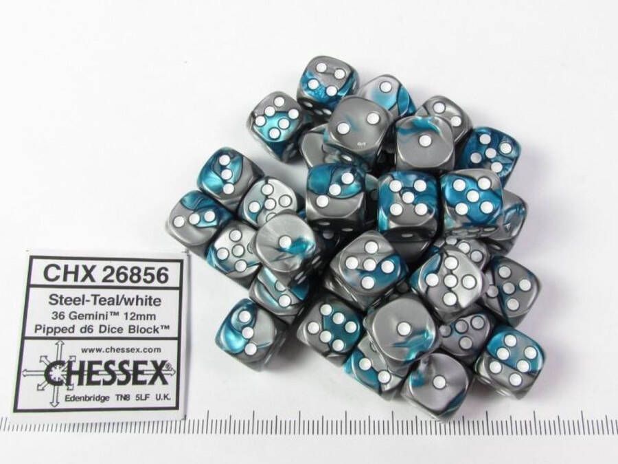 Chessex dobbelstenen set 36 st. 6-zijdig 12mm Gemini Steel-Teal w white
