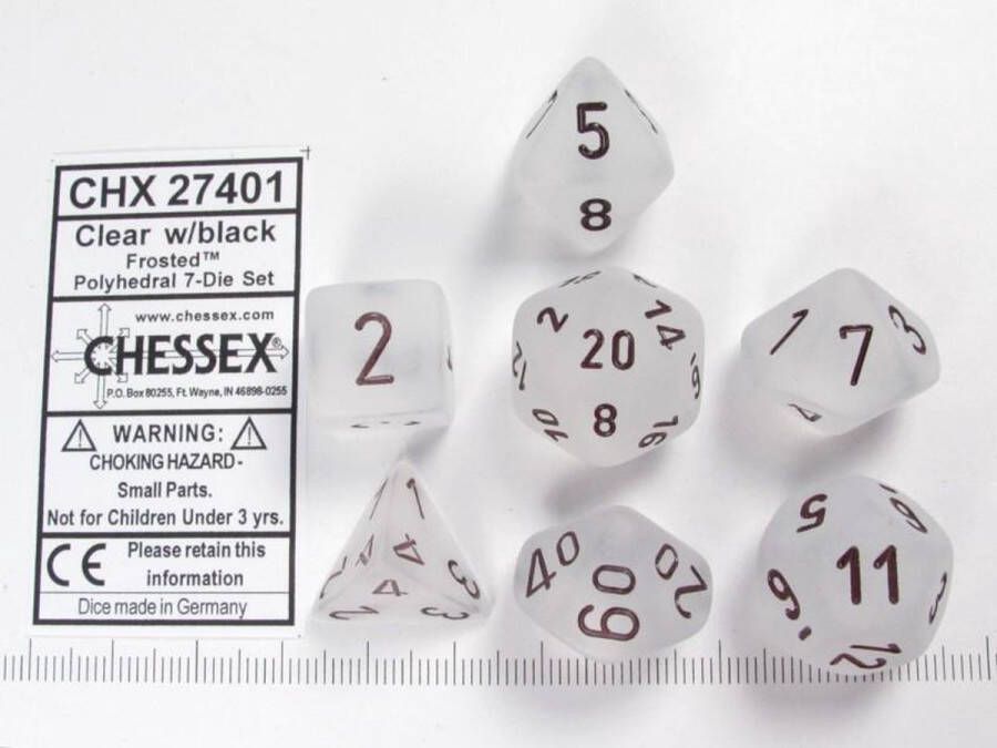 Chessex dobbelstenen set 7 polydice Frosted clear w black