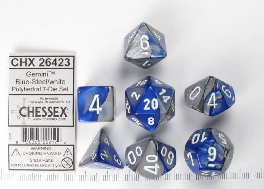 Chessex Gemini Blue-Steel white Polydice Dobbelsteen Set (7 stuks)