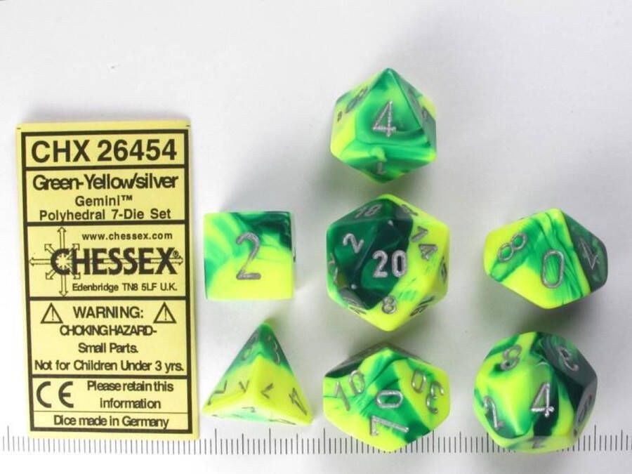 Chessex Gemini Green-Yellow silver Polydice Dobbelsteen Set (7 stuks)