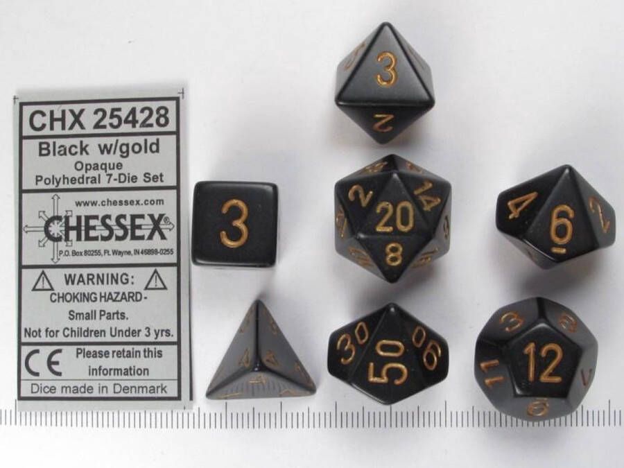 Chessex dobbelstenen set 7 polydice Opaque black w gold