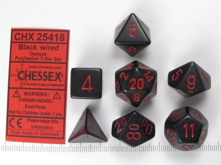 Chessex dobbelstenen set 7 polydice Opaque black w red