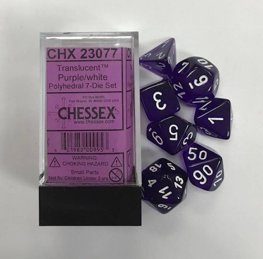 Chessex Doorschijnend Paars wit Polydice Dobbelsteen Set (7 stuks)