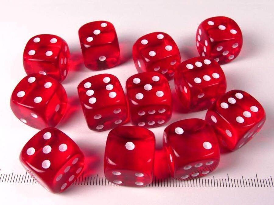 Chessex Doorschijnend Rood wit D6 16mm Dobbelsteen Set (12 stuks)