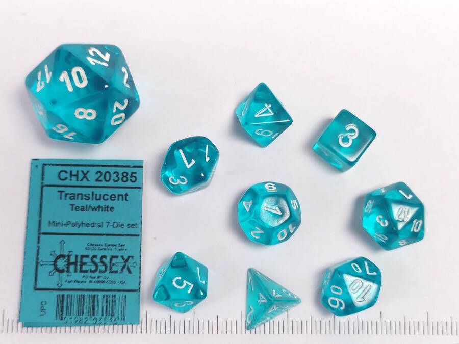 Chessex Doorschijnende Mini-Polyhedral Teal wit Dobbelsteen Set (7 stuks)