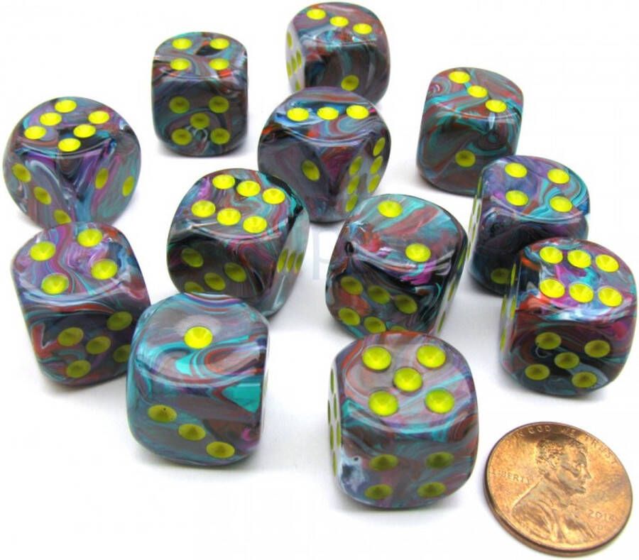 Chessex feestelijk mozaïek geel D6 16mm Dobbelsteen set (12 stuks)