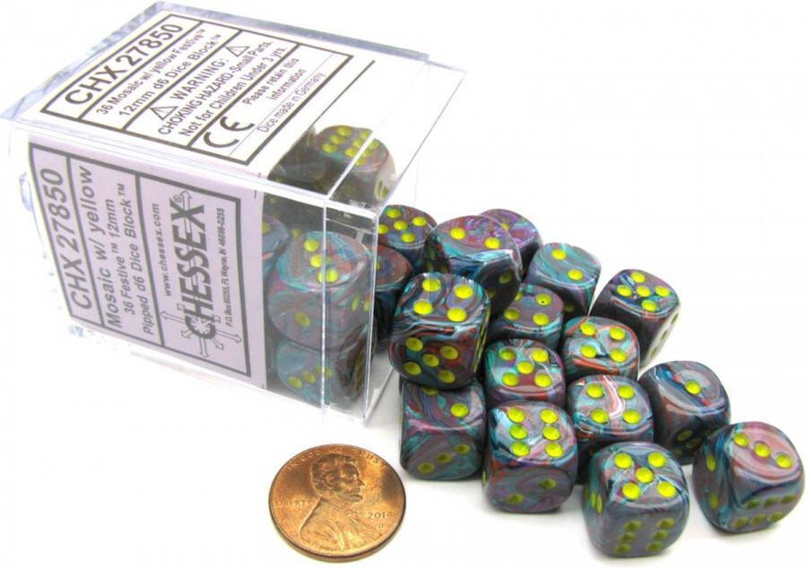 Chessex Festive Mosaic yellow D6 12mm Dobbelsteen Set (36 stuks)