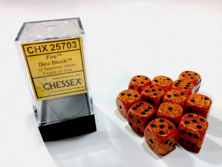 Chessex Fire Speckled D6 16mm Dobbelsteen Set (12 stuks)