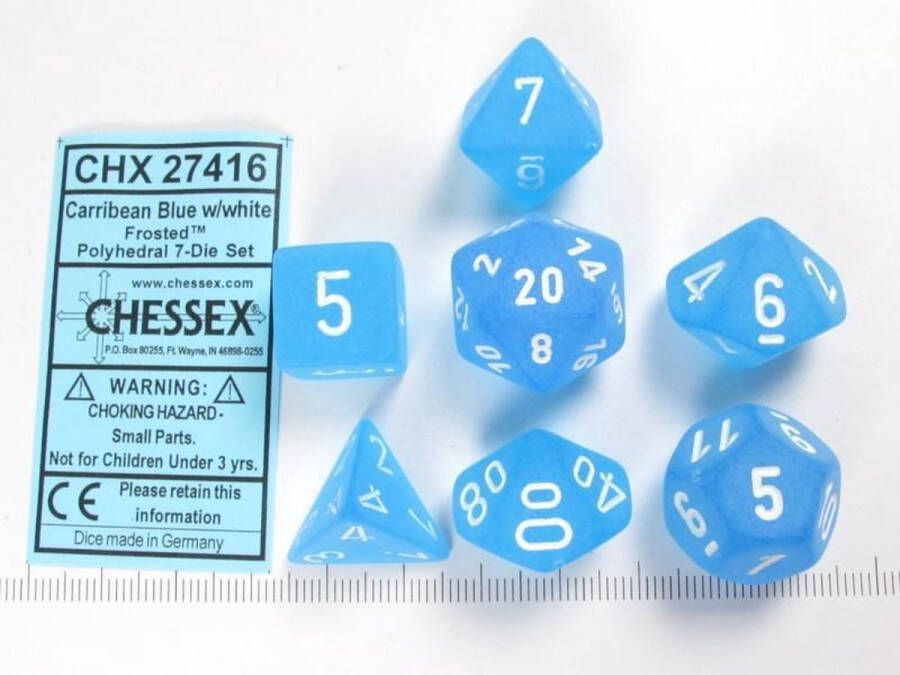 Chessex Frosted Caribbean Blue white Polydice Dobbelsteen Set (7 stuks)