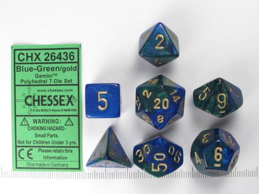 Chessex Gemini Blauw-Groen Goud Polydice Dobbelsteen Set (7 stuks)