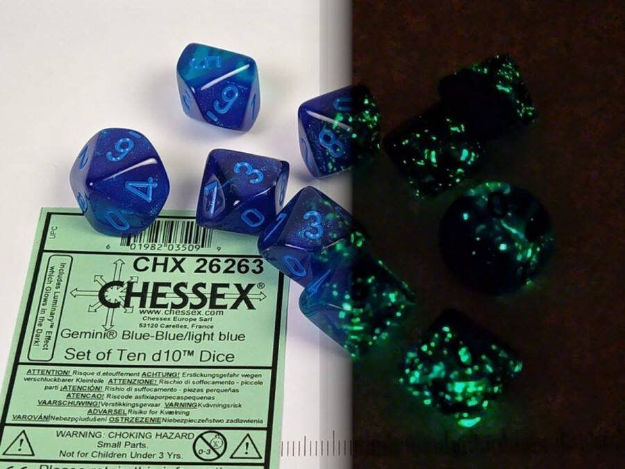 Chessex Gemini blauw-blauw lichtblauw Luminary Dobbelsteenset (10 stuks)