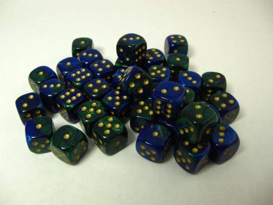Chessex Gemini Blauw-Groen Goud D6 12mm Dobbelsteen Set (36 stuks)