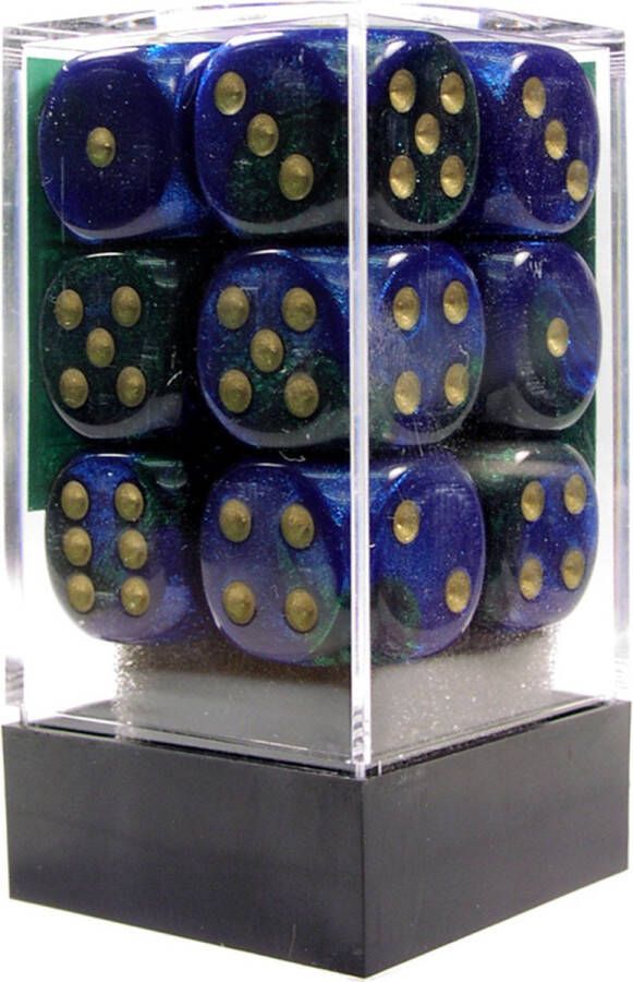 Chessex dobbelstenen set 12 6-zijdig 16 mm Gemini blue-green w gold