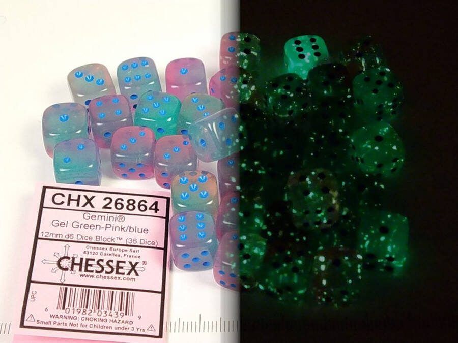 Chessex Gemini Gel Green-Pink blue Luminary D6 12mm Dobbelsteen Set (36 stuks)