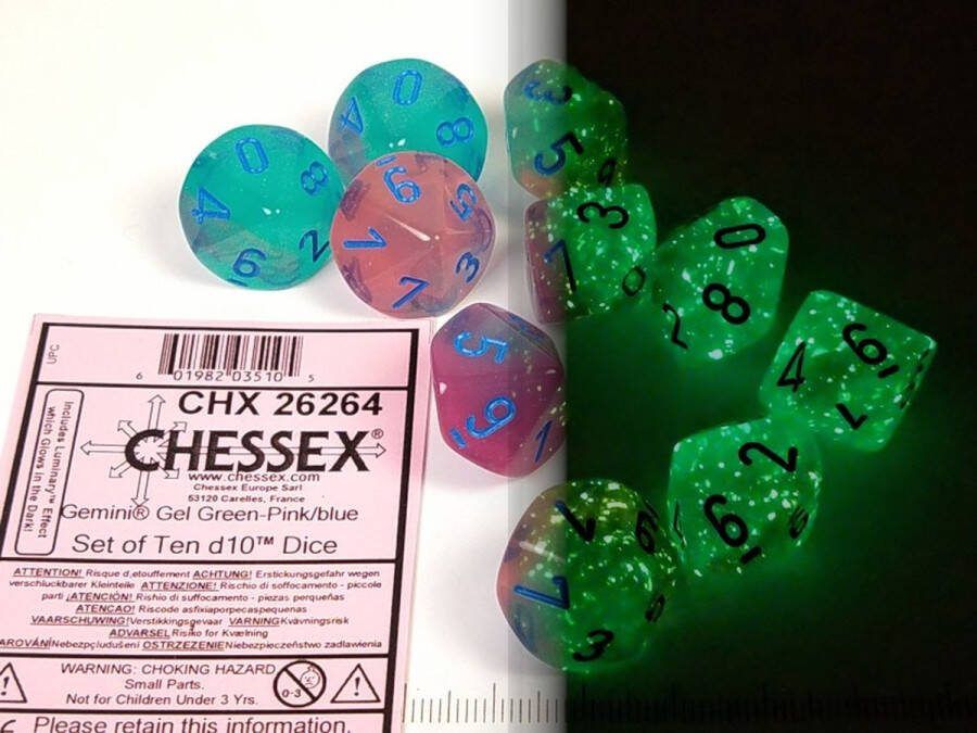 Chessex Gemini Gel Groen-Roze Blauw Lichtgevende Dobbelsteenset (10 stuks)