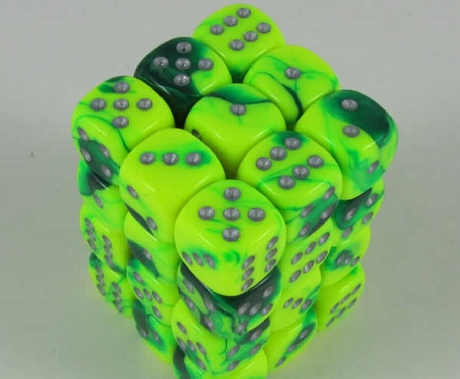 Chessex CHX26854 Gemini Green-Yellow Silver D6 12mm Dice Set (36 pcs)