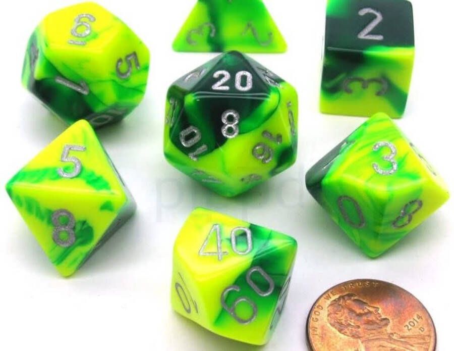 Chessex Gemini Green-Yellow silver Polydice Dobbelsteen Set (7 stuks)