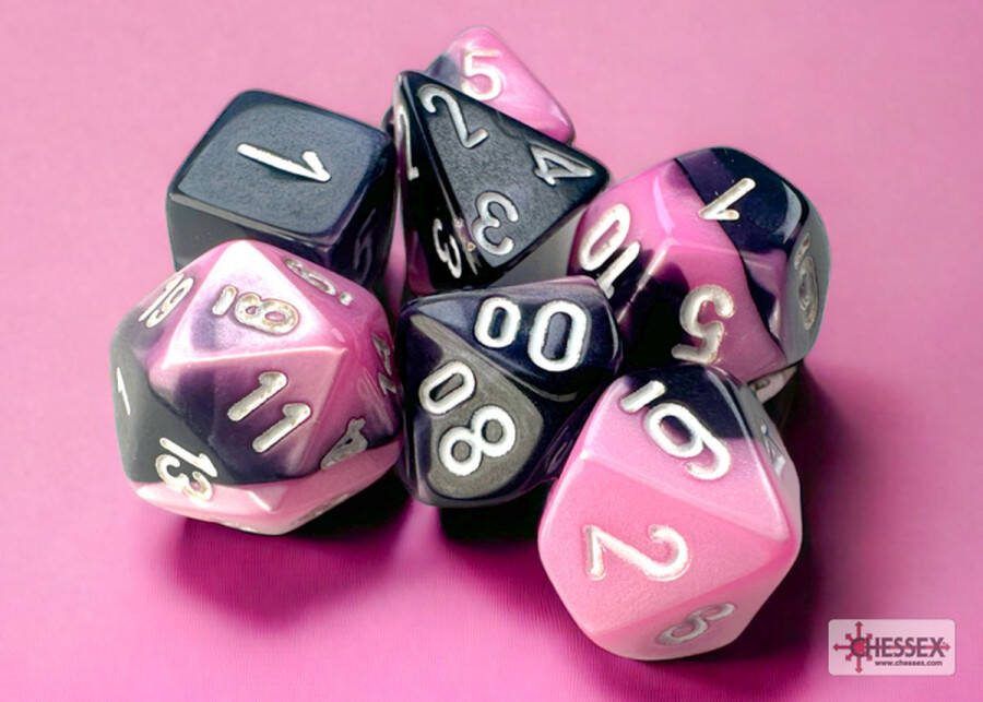 Chessex Gemini Mini-Polyhedral Black-Pink white Dobbelsteen Set (7 stuks)