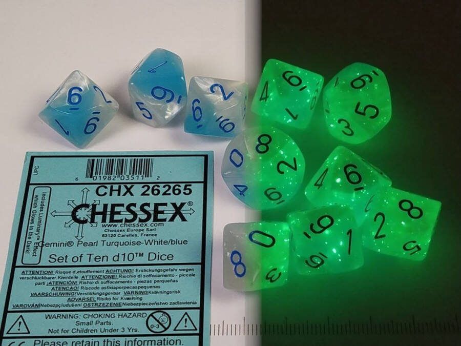Chessex Gemini Parel Turquoise-Wit Blauw Lichtgevende Dobbelsteenset (10 stuks)