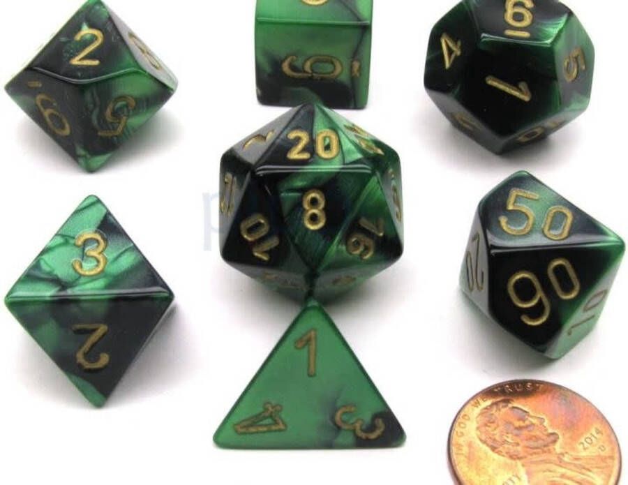 Chessex Gemini Zwart-Groen Goud Polydice Dobbelsteen Set (7 stuks)