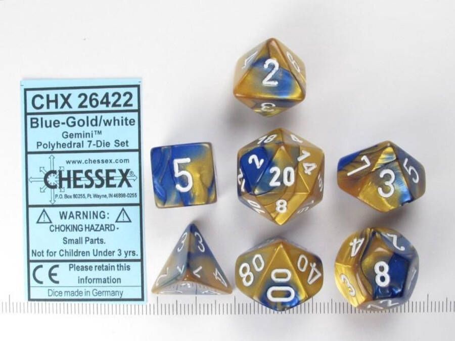 Chessex dobbelstenen set 7 polydice Gemini blue-gold w white
