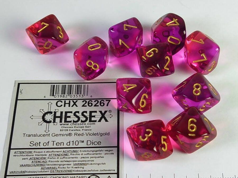 Chessex Gemini doorschijnend rood-violet goud Dobbelsteenset (10 stuks)