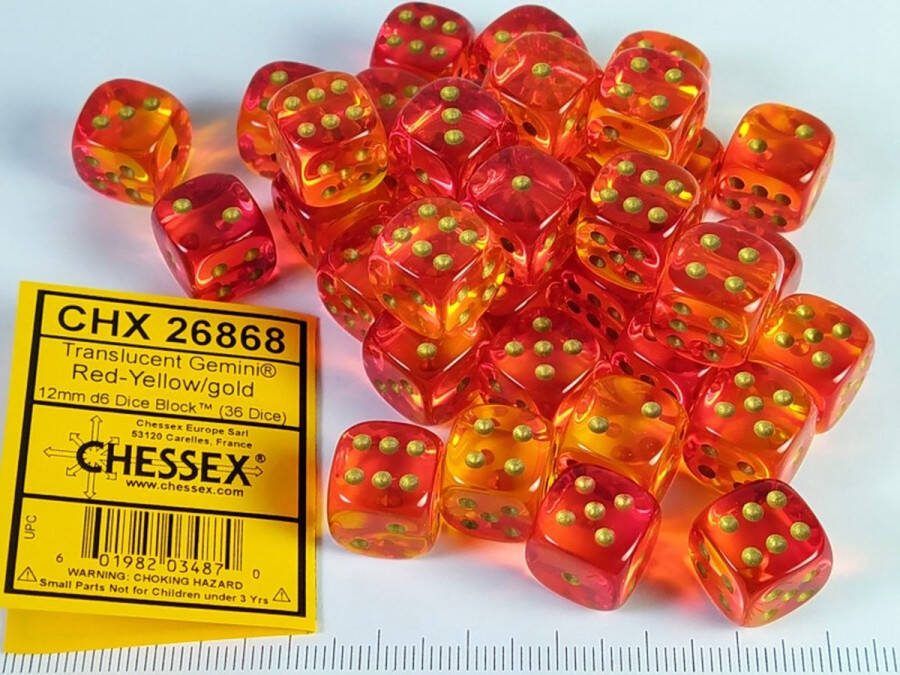 Chessex Gemini Translucent Red-Yellow gold D6 12mm Dobbelsteen Set (36 stuks)