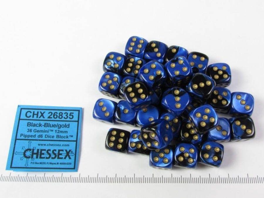 Chessex Gemini Zwart-Blauw goud D6 12mm Dobbelsteen Set (36 stuks)