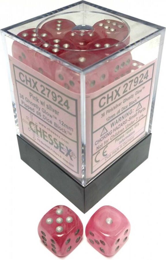 Chessex Ghostly Glow Pink silver D6 12mm Dobbelsteen Set (36 stuks)