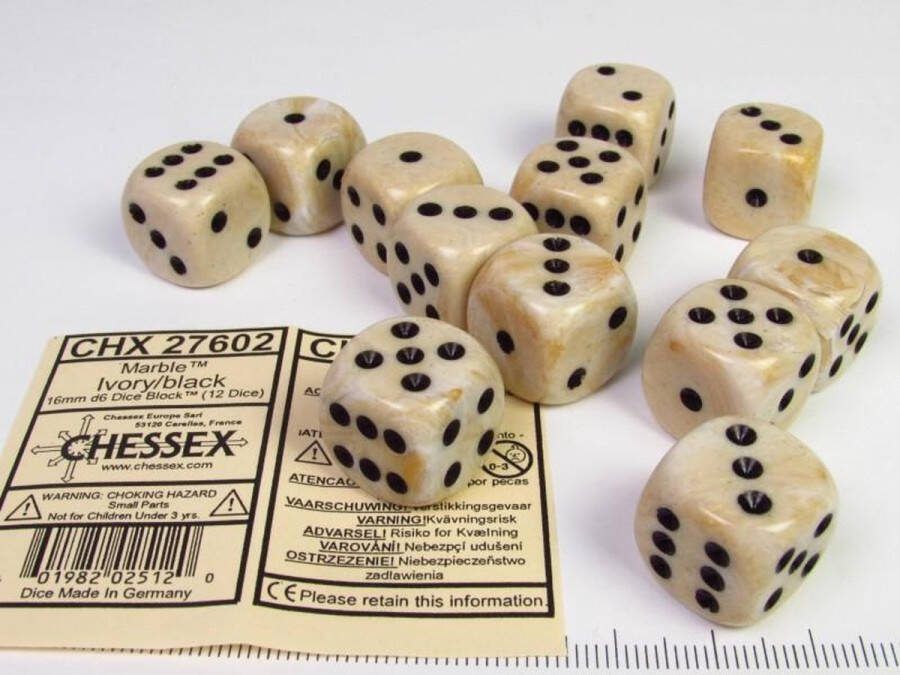 Chessex Marble Ivory black D6 16mm Dobbelsteen Set (12 stuks)