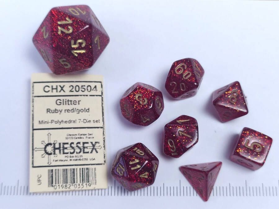 Chessex Glitter Mini-Polyhedral Ruby gold Dobbelsteen Set (7 stuks)