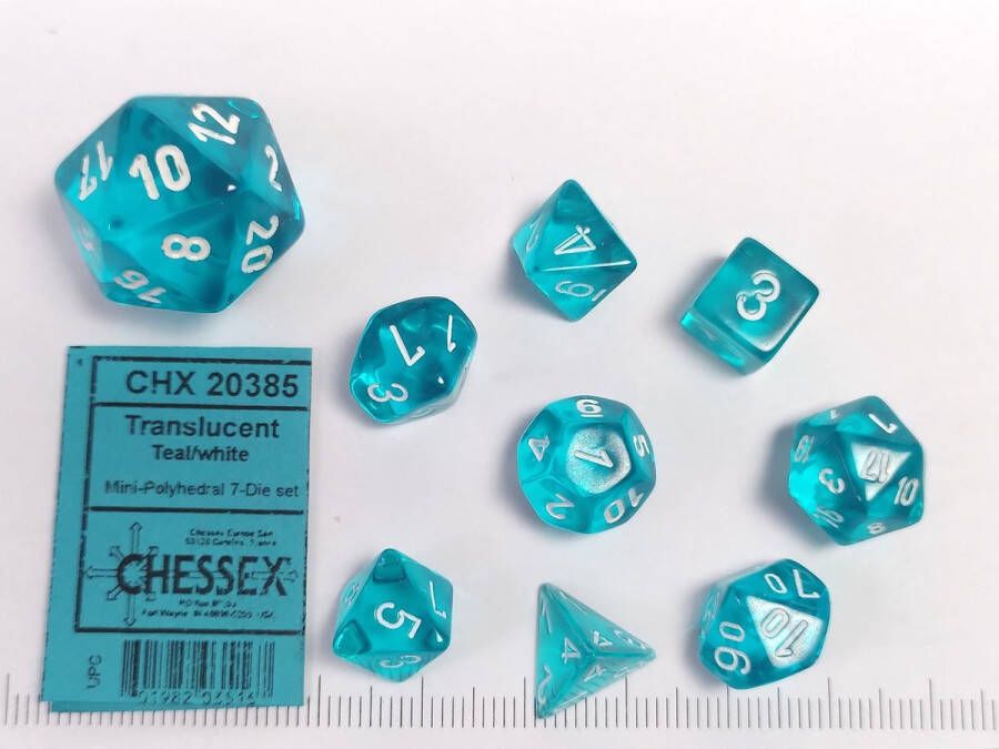 Chessex Translucent Mini-Polyhedral Teal white Dobbelsteen Set (7 stuks)