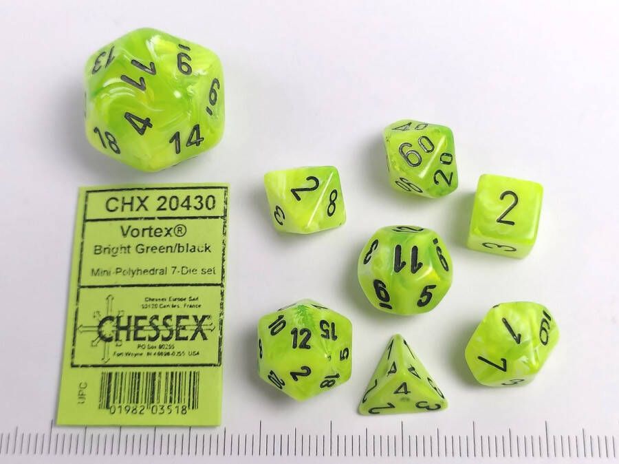 Chessex Vortex Mini-Polyhedral Bright Green black Dobbelsteen Set (7 stuks)