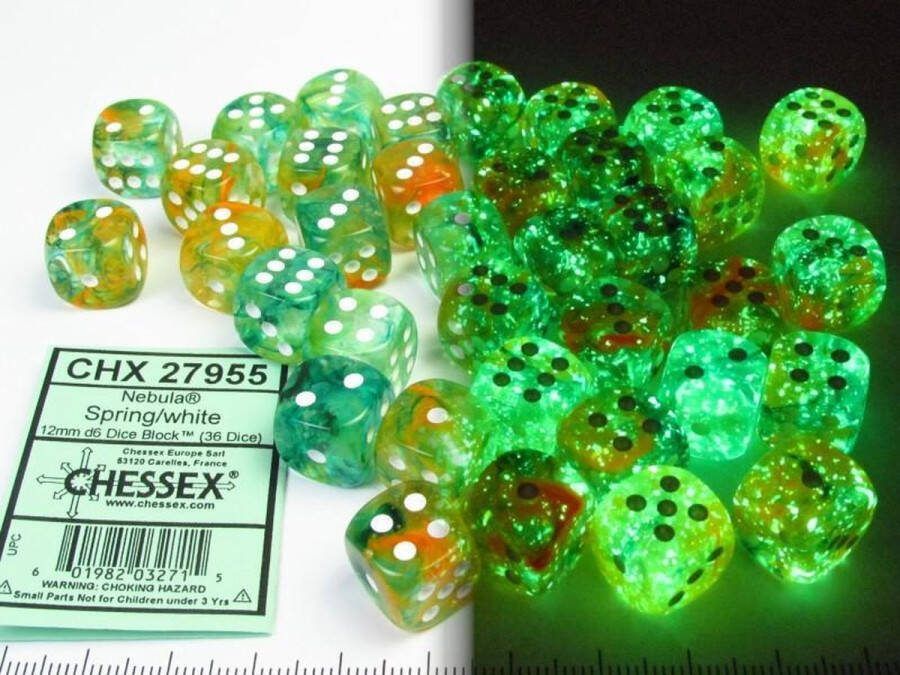 Chessex Nebula Spring white Luminary D6 12mm Dobbelsteen Set (36 stuks)