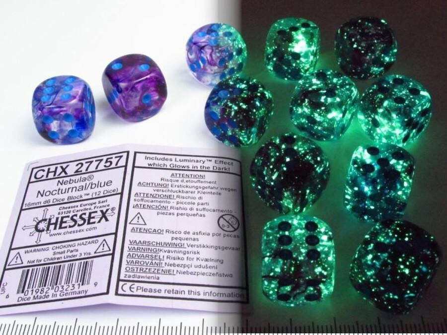 Chessex Nebula Nacht blauw Luminary D6 16mm Dobbelsteen Set (12 stuks)