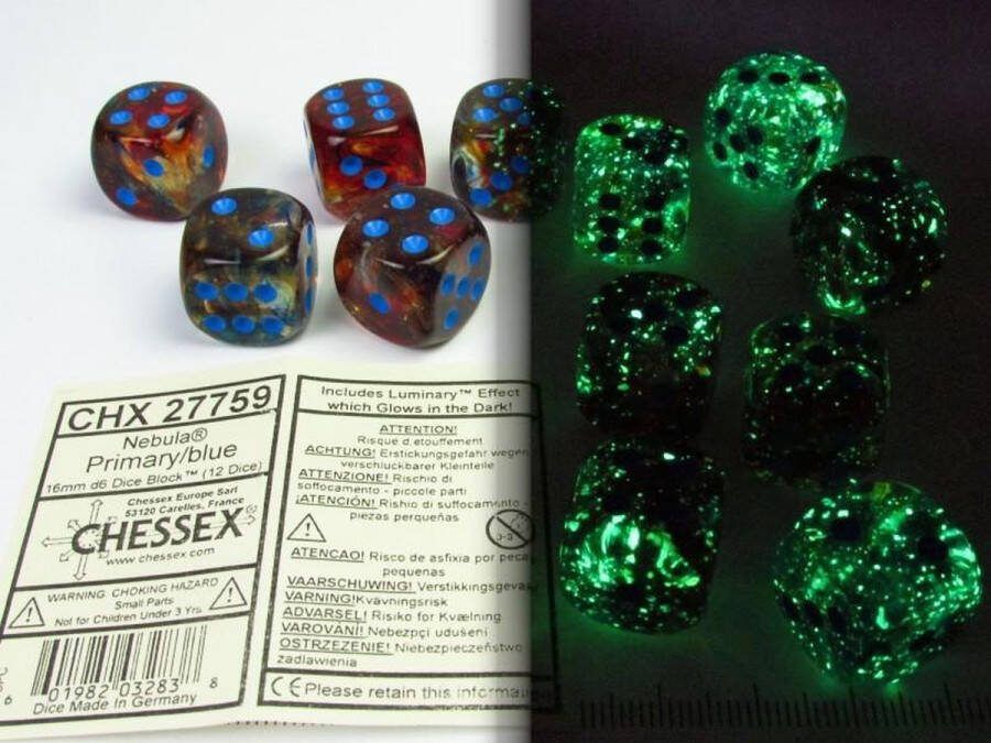 Chessex Nebula Primary blue Luminary D6 16mm Dobbelsteen Set (12 stuks)