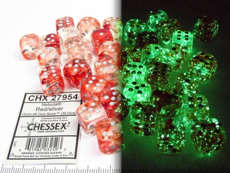 Chessex Nebula Red silver Luminary D6 12mm Dobbelsteen Set (36 stuks)