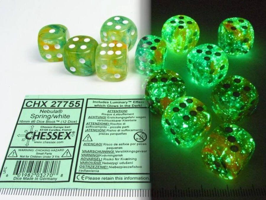 Chessex Nebula Spring white Luminary D6 16mm Dobbelsteen Set (12 stuks)