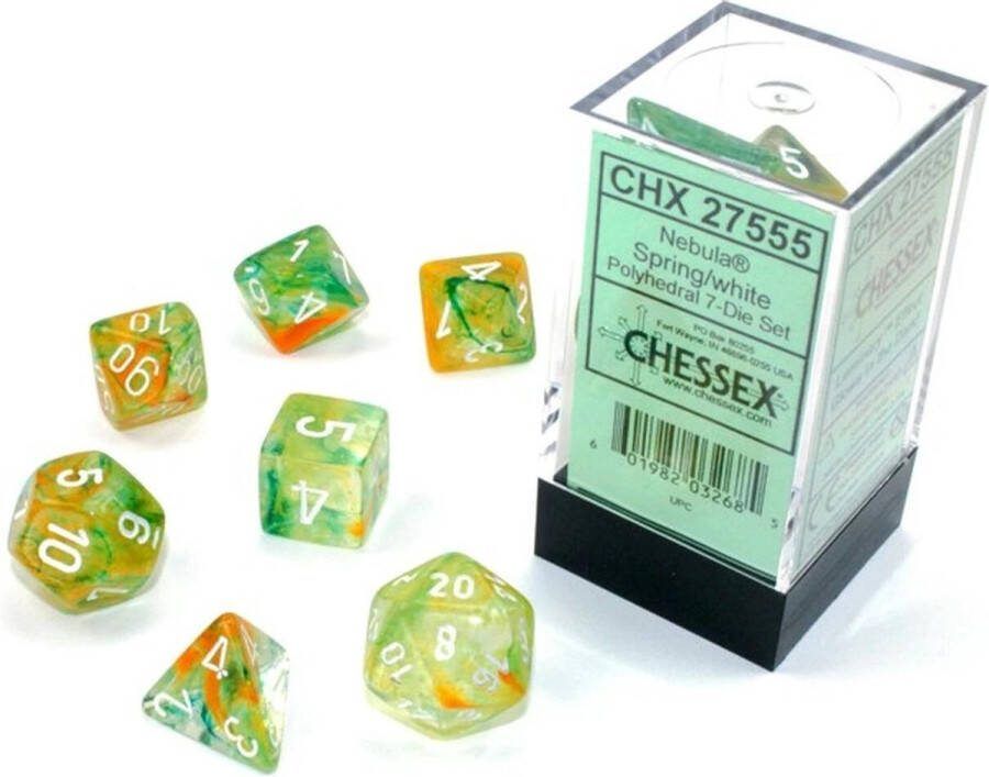 Chessex Nevel Lente wit Lichtgevende Polydice Dobbelsteen Set (7 stuks)