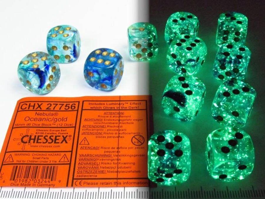 Chessex Nebula Oceanic gold Luminary D6 16mm Dobbelsteen Set (12 stuks)