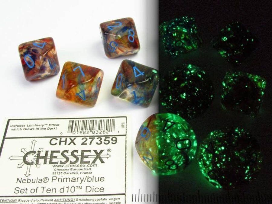 Chessex Nevel primair blauw lichtgevend D10 Dobbelsteenset (10 stuks)