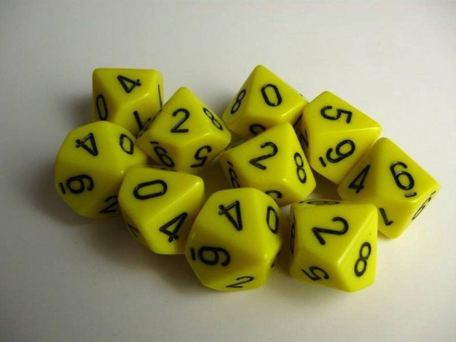 Chessex Opaque Yellow black D10 Dobbelsteen Set (10 stuks)