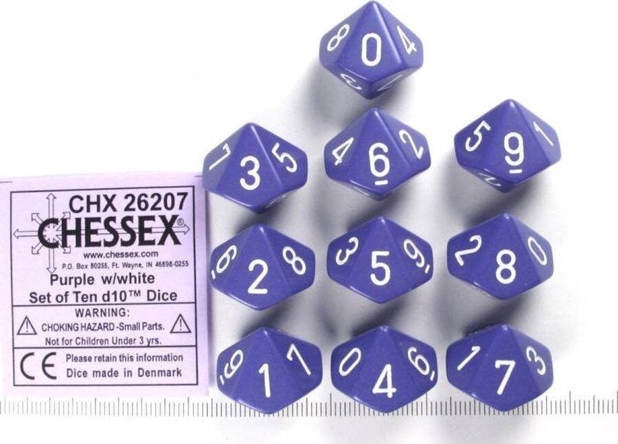 Chessex Opaque Purple white D10 Dobbelsteen Set (10 stuks)